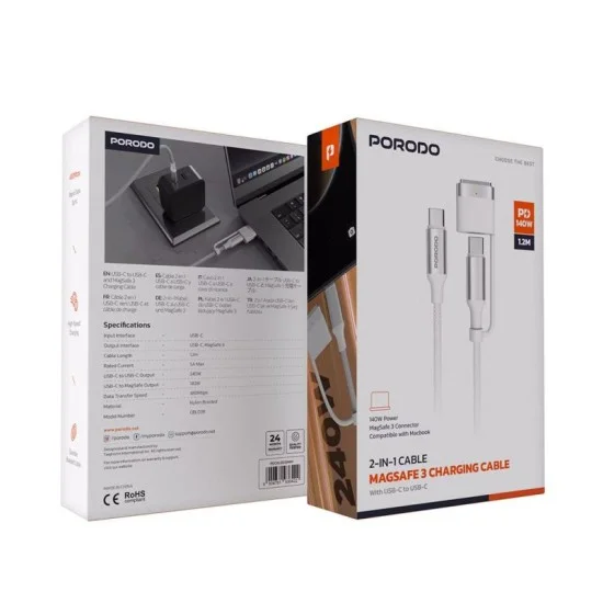 Porodo 2-In-1 Fast Cable With Magsafe 3 - 1.2M - White